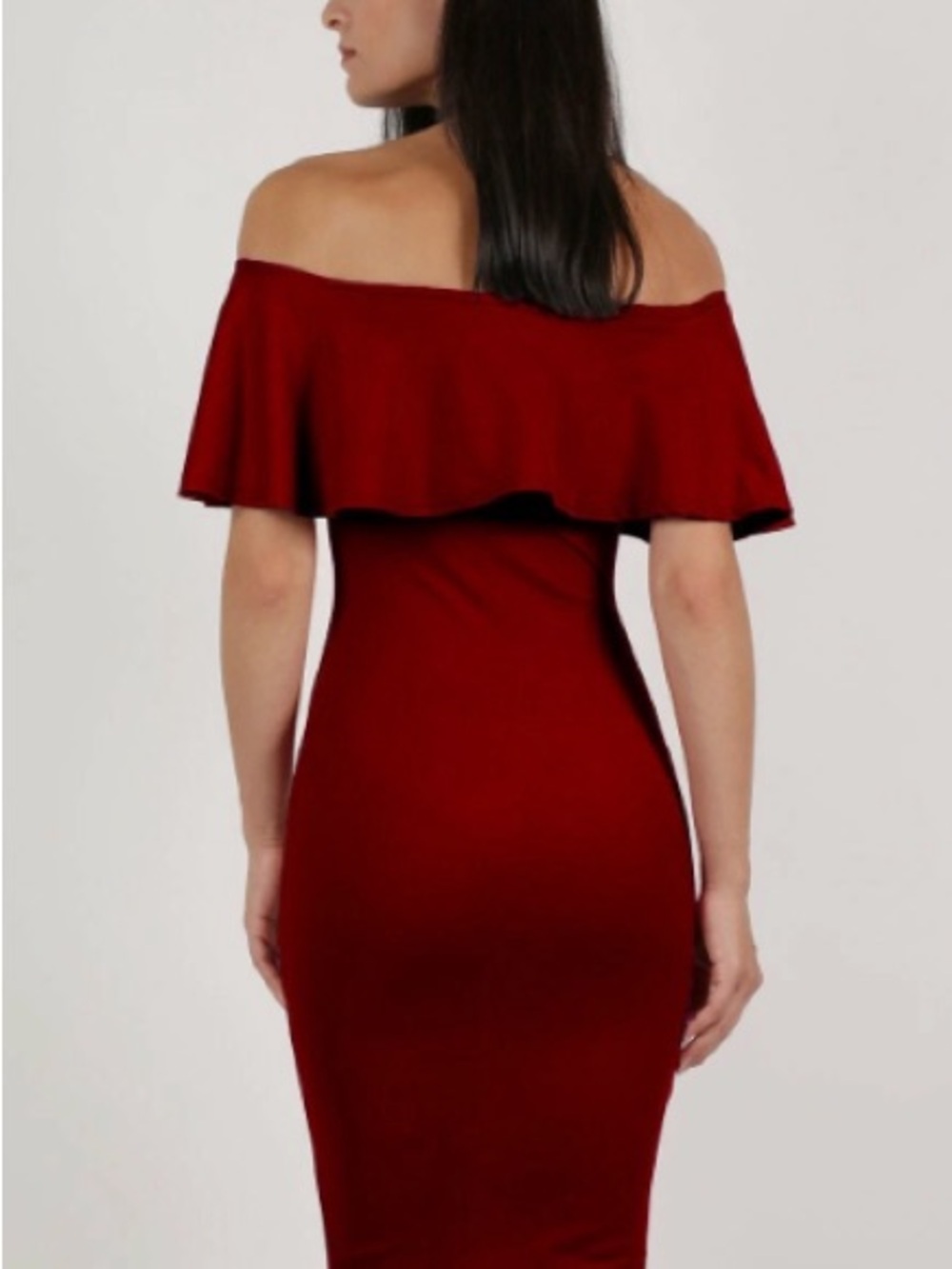 Off-Shoulder Ruffle Bodycon Dress in Deep Red - Picture 2 of 3